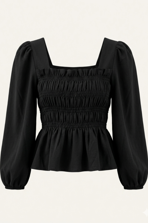 Black Smocked Square Neck Top