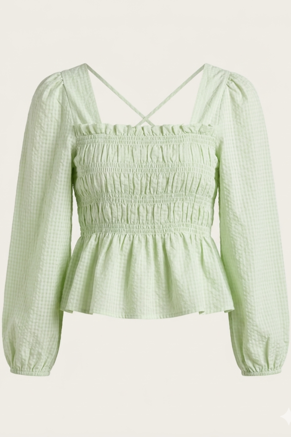 Mint Green Gingham Checked Smocked Top