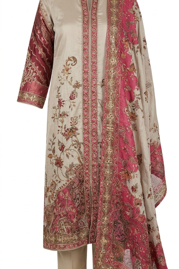 Beige 3-Piece Silk Salwar Suit Set