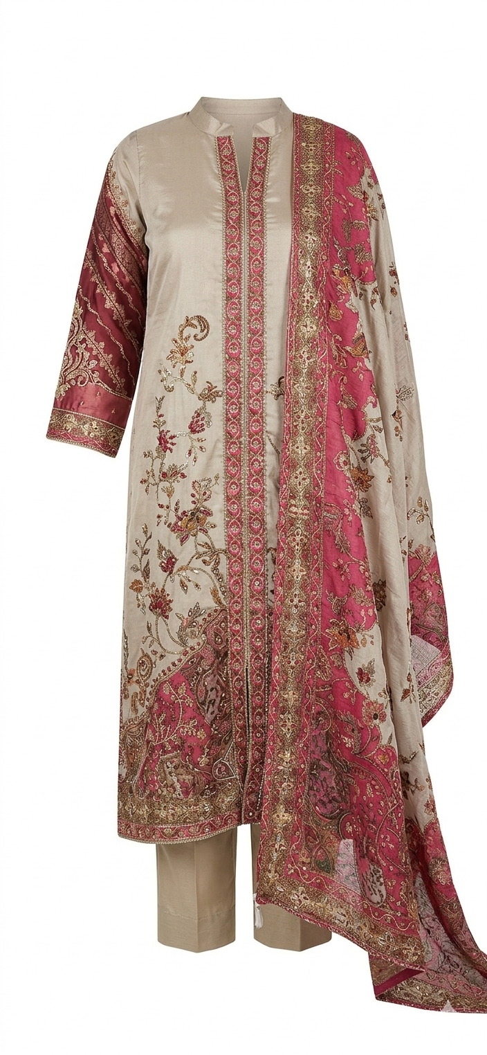 Beige 3-Piece Silk Salwar Suit Set - Image 2