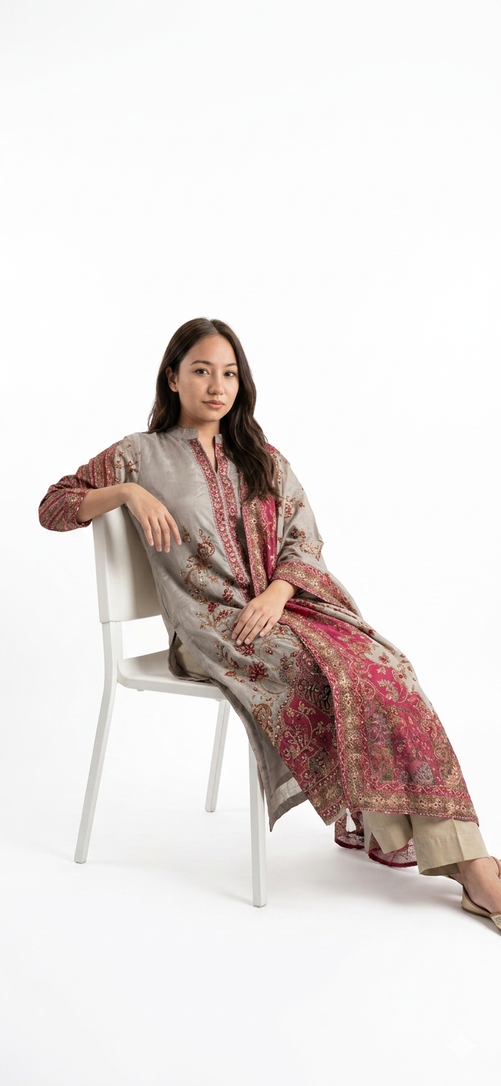 Beige 3-Piece Silk Salwar Suit Set - Image 3