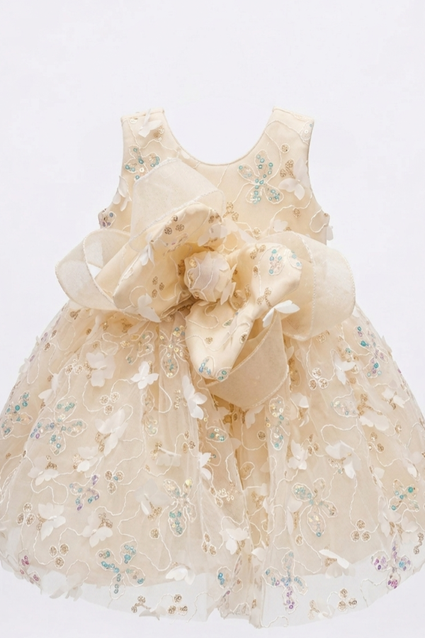 Girls' Cream Floral Sequin Party Dress