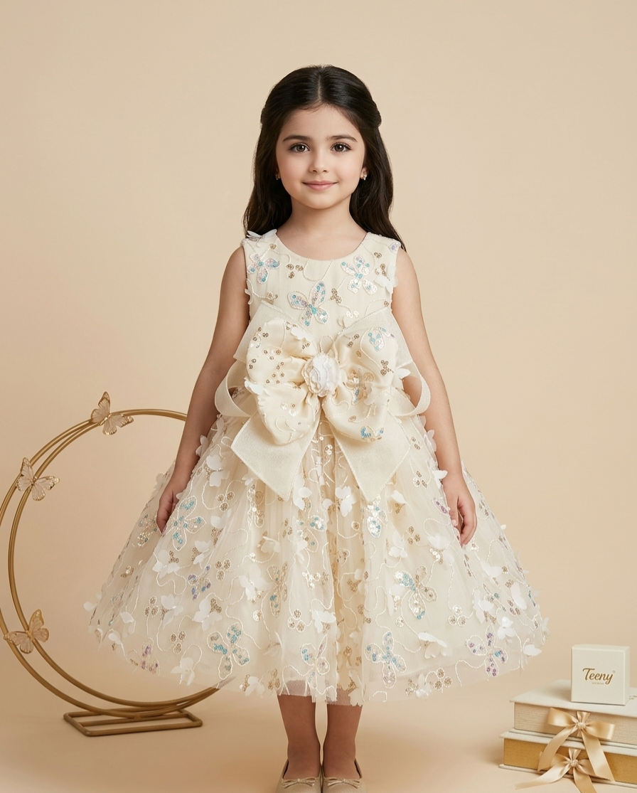 Girls' Cream Floral Sequin Party Dress - Image 3