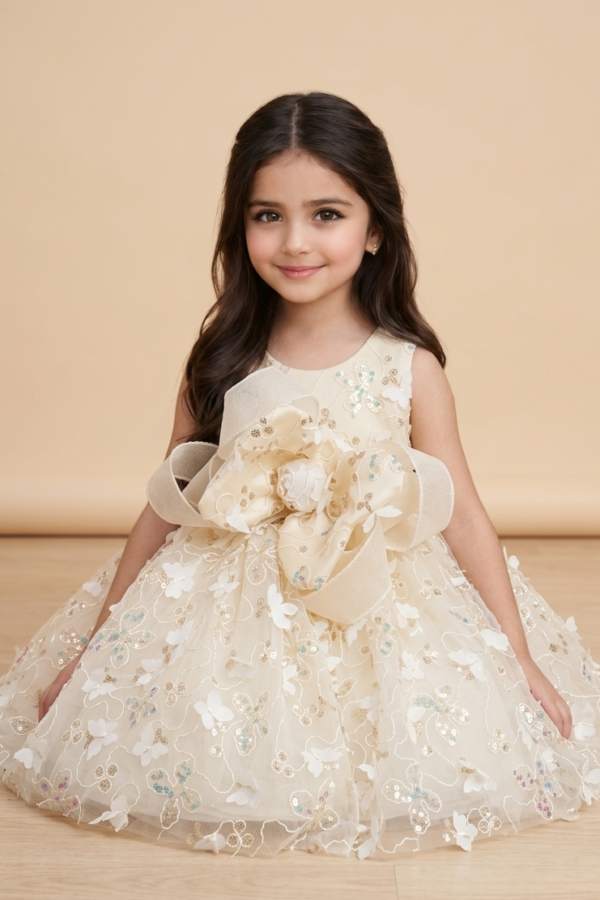 Girls' Cream Floral Sequin Party Dress
