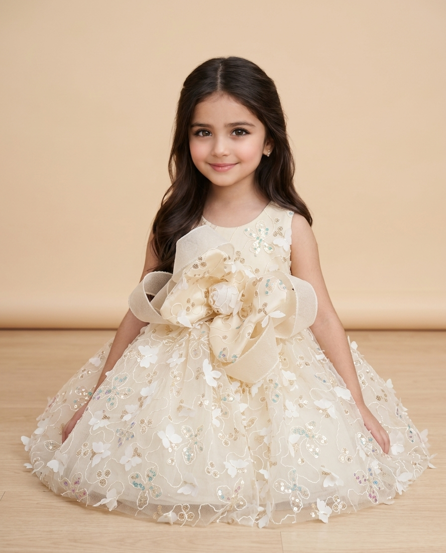Girls' Cream Floral Sequin Party Dress