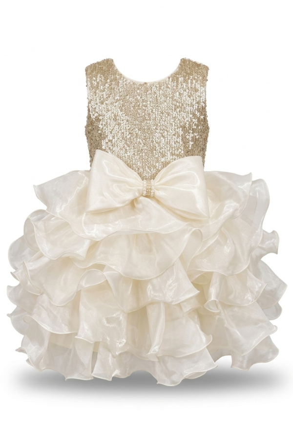 Girls' Gold Sequin and White Ruffled Party Dress