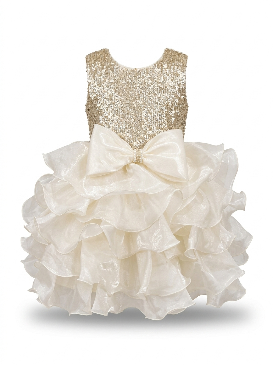 Girls' Gold Sequin and White Ruffled Party Dress - Image 2