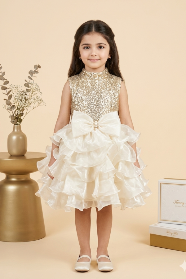 Girls' Gold Sequin and White Ruffled Party Dress