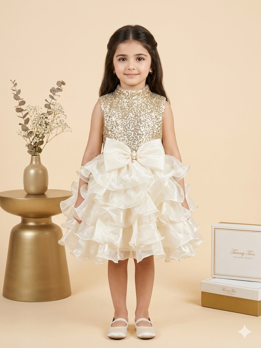 Girls' Gold Sequin and White Ruffled Party Dress