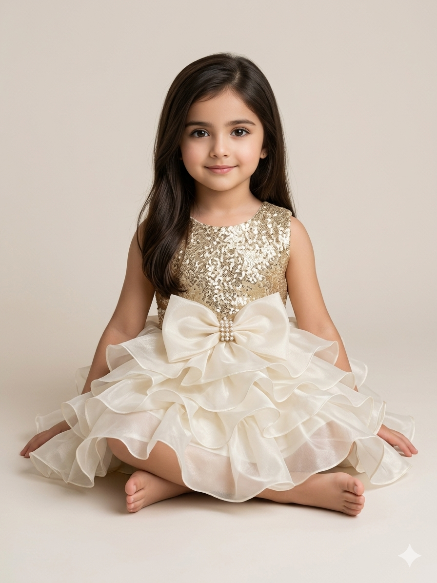 Girls' Gold Sequin and White Ruffled Party Dress - Image 5