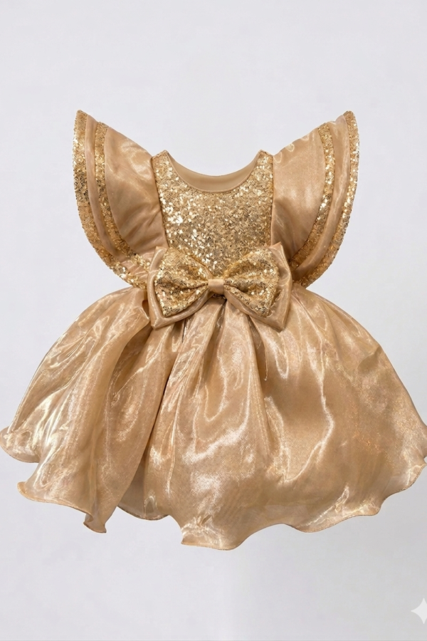 Girls' Premium Gold Sequin Party Dress with Dramatic Ruffle Sleeves