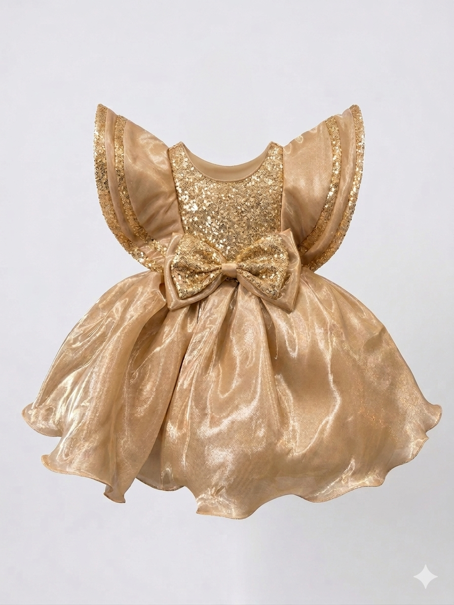 Girls' Premium Gold Sequin Party Dress with Dramatic Ruffle Sleeves - Image 2