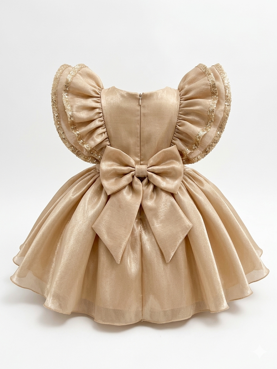 Girls' Premium Gold Sequin Party Dress with Dramatic Ruffle Sleeves - Image 3