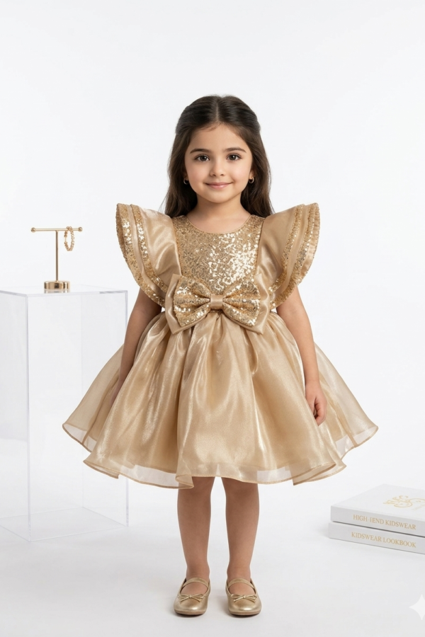 Girls' Premium Gold Sequin Party Dress with Dramatic Ruffle Sleeves