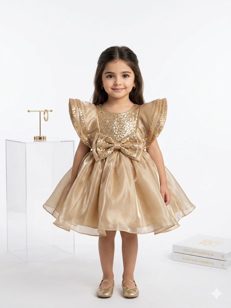 Girls' Premium Gold Sequin Party Dress with Dramatic Ruffle Sleeves