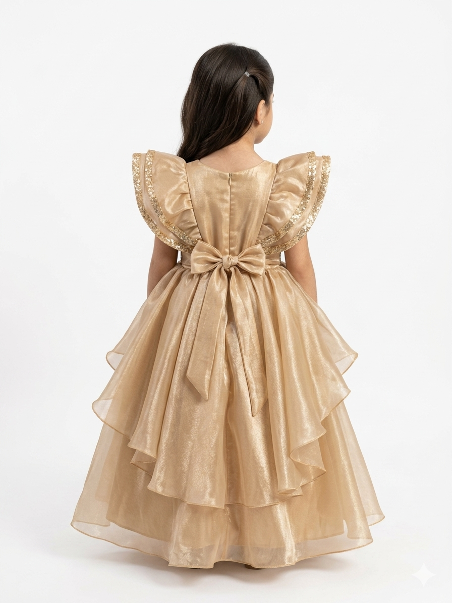 Girls' Premium Gold Sequin Party Dress with Dramatic Ruffle Sleeves - Image 4
