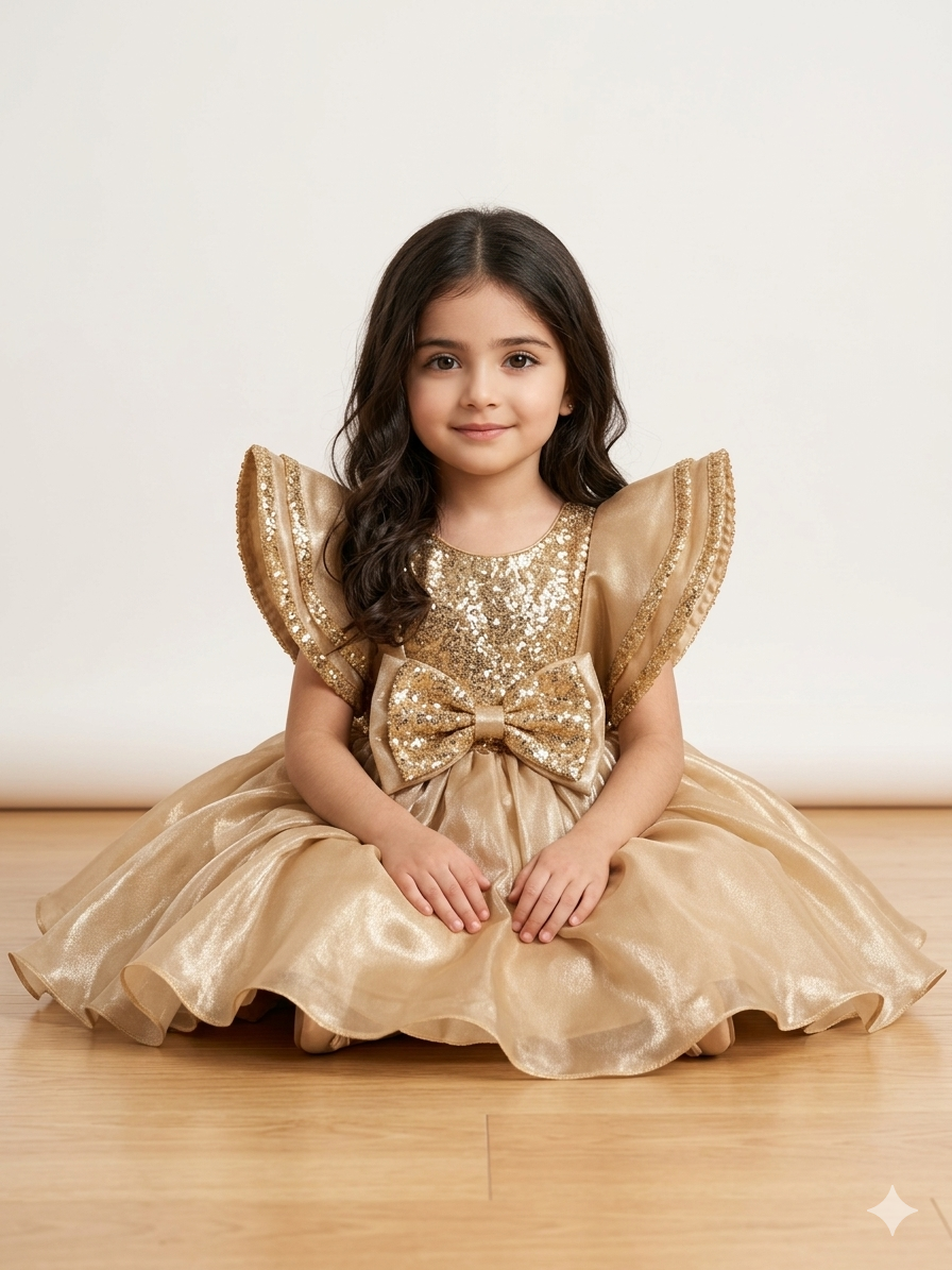 Girls' Premium Gold Sequin Party Dress with Dramatic Ruffle Sleeves - Image 5