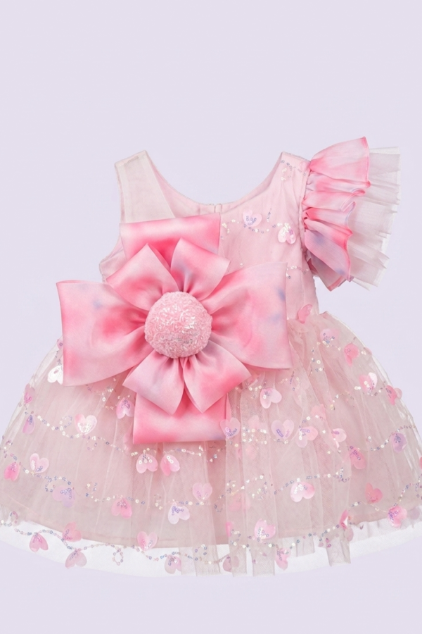 Girls' Pink Floral Bow Dress with Ruffled Sleeves