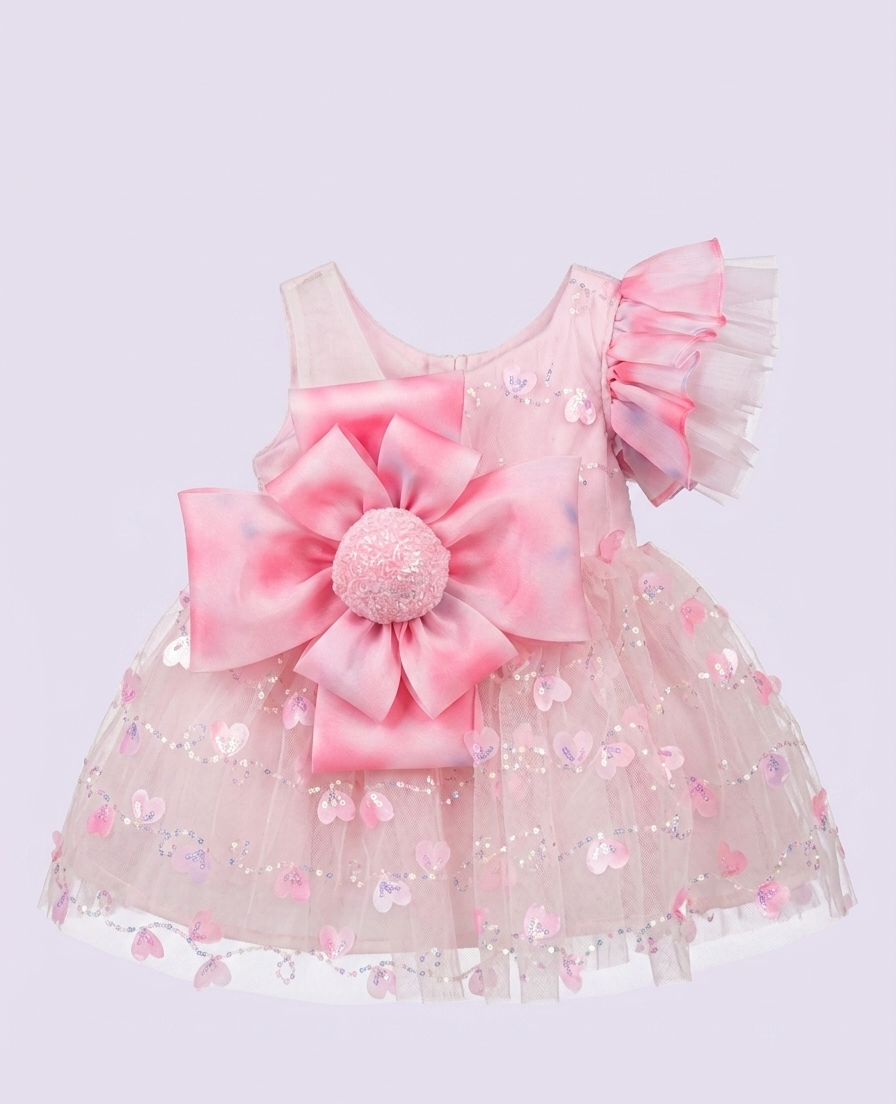 Girls' Pink Floral Bow Dress with Ruffled Sleeves - Image 2