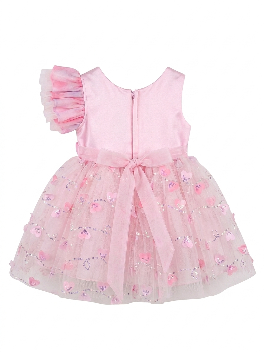 Girls' Pink Floral Bow Dress with Ruffled Sleeves - Image 3