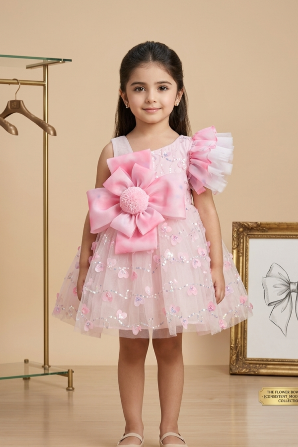 Girls' Pink Floral Bow Dress with Ruffled Sleeves