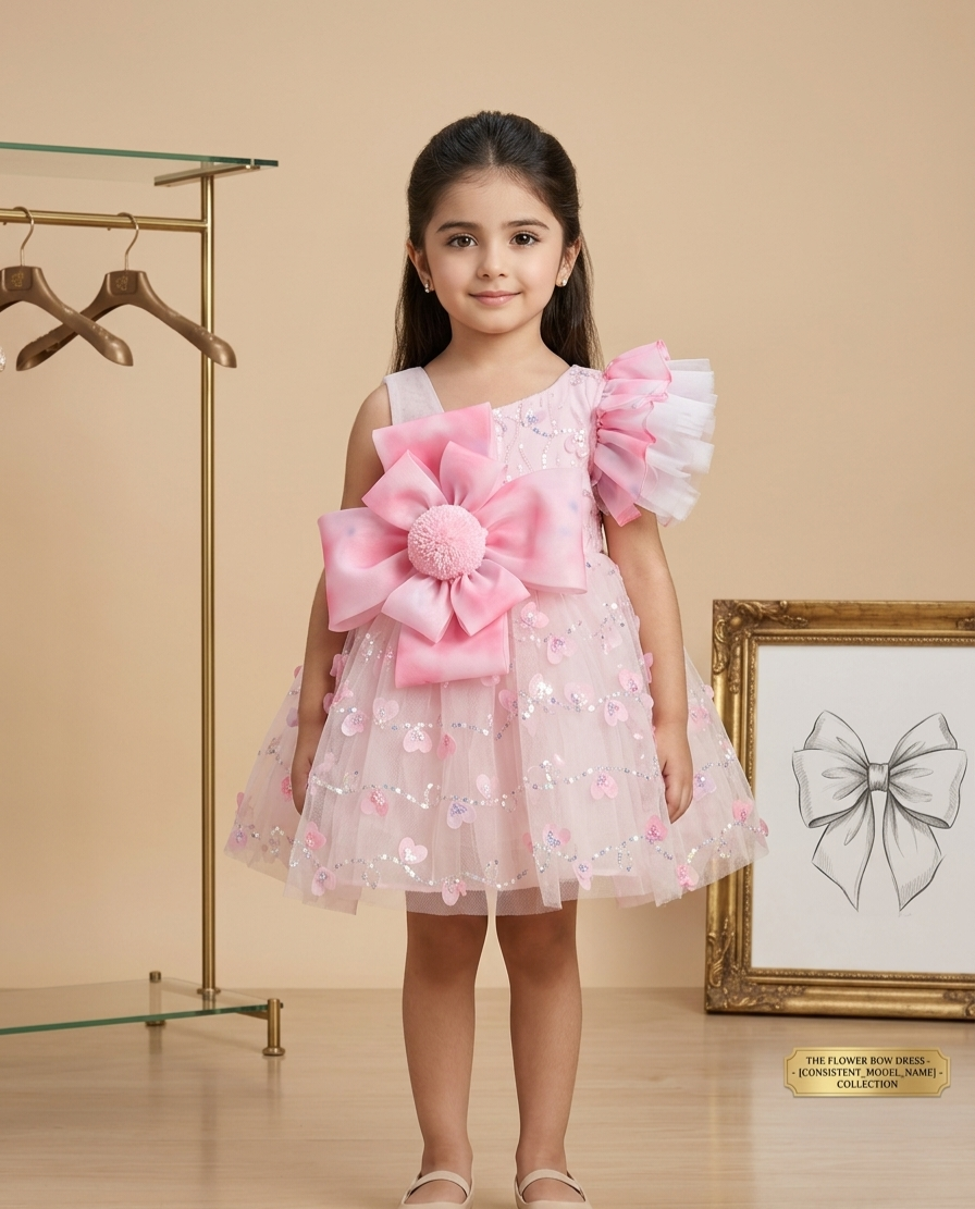 Girls' Pink Floral Bow Dress with Ruffled Sleeves