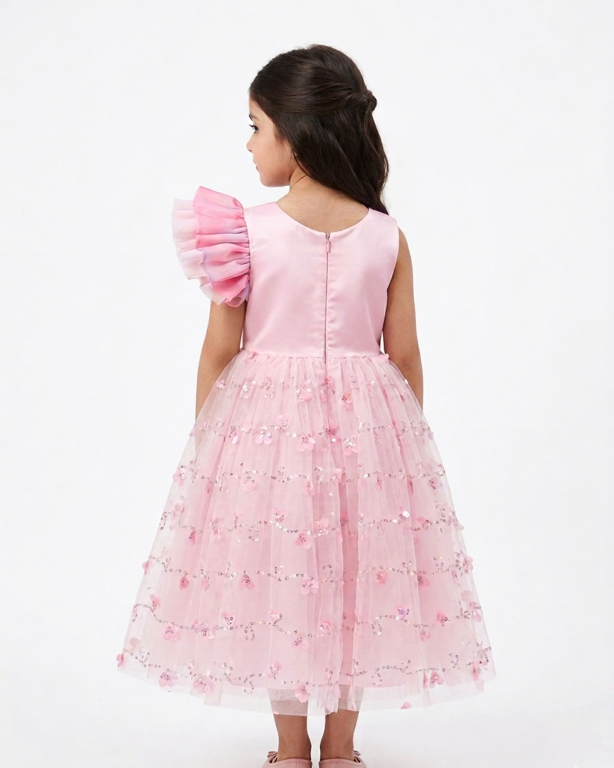 Girls' Pink Floral Bow Dress with Ruffled Sleeves - Image 4