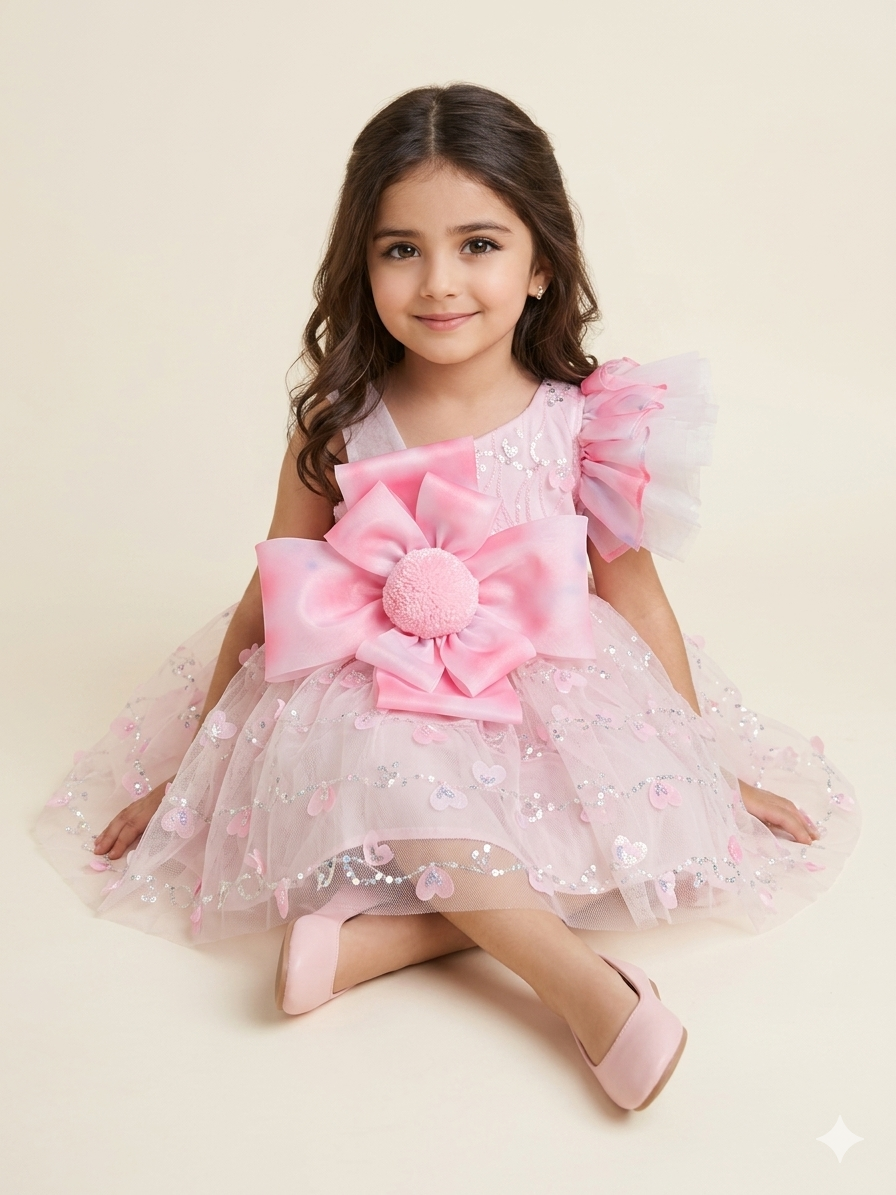 Girls' Pink Floral Bow Dress with Ruffled Sleeves - Image 5