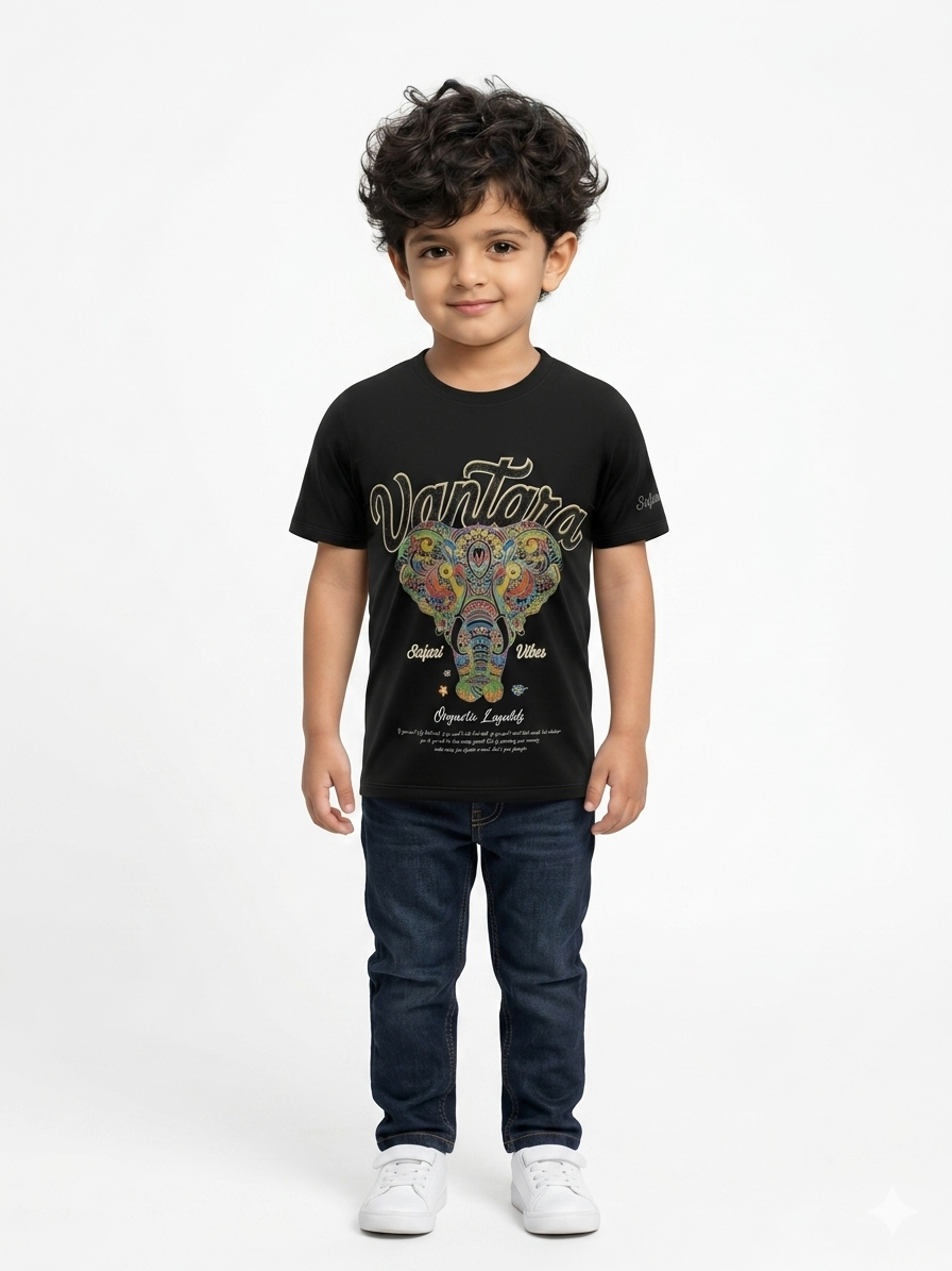 Boys' Black Graphic "Vantara" Elephant Print T-Shirt
