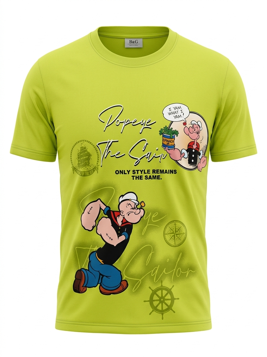 Boys' Lime Green Popeye Graphic Printed Casual T-Shirt - Image 2