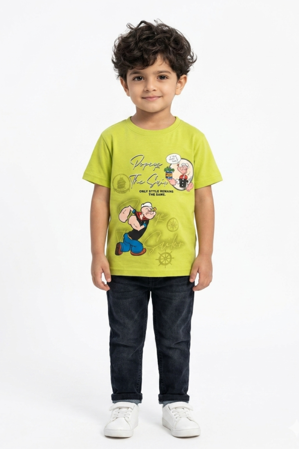 Boys' Lime Green Popeye Graphic Printed Casual T-Shirt