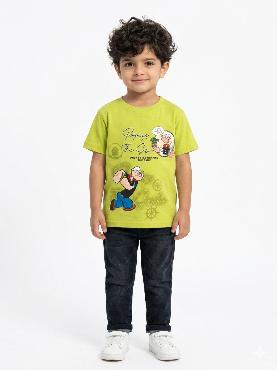 Boys' Lime Green Popeye Graphic Printed Casual T-Shirt