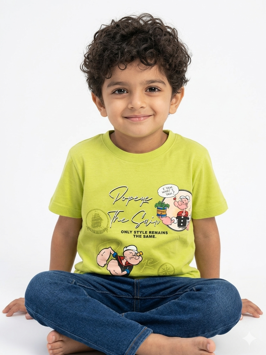 Boys' Lime Green Popeye Graphic Printed Casual T-Shirt - Image 5