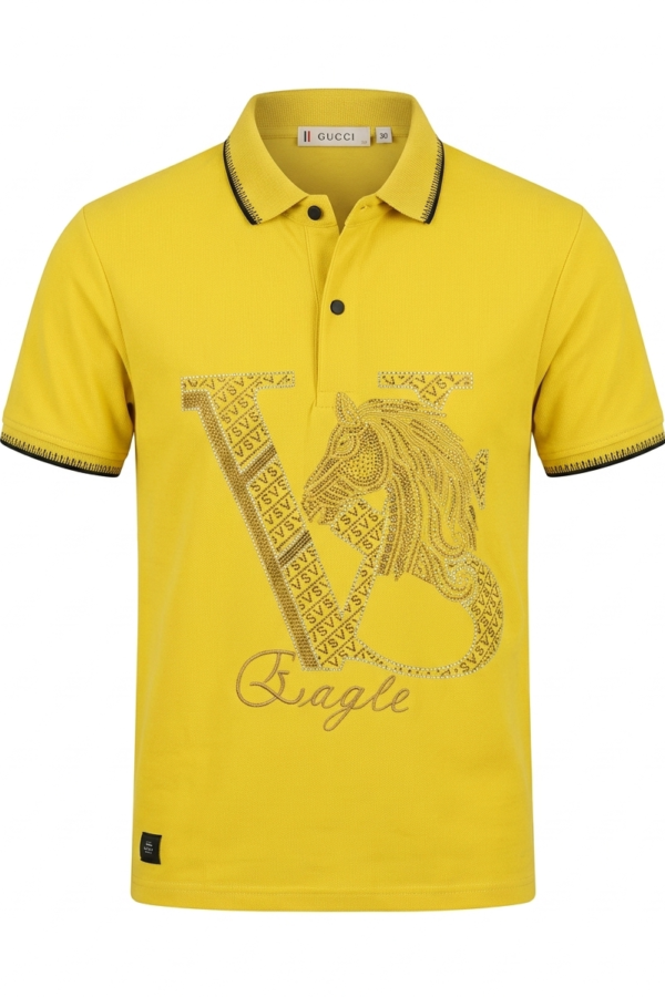 Men's Yellow Premium Cotton Polo with Rhinestone Eagle Graphic