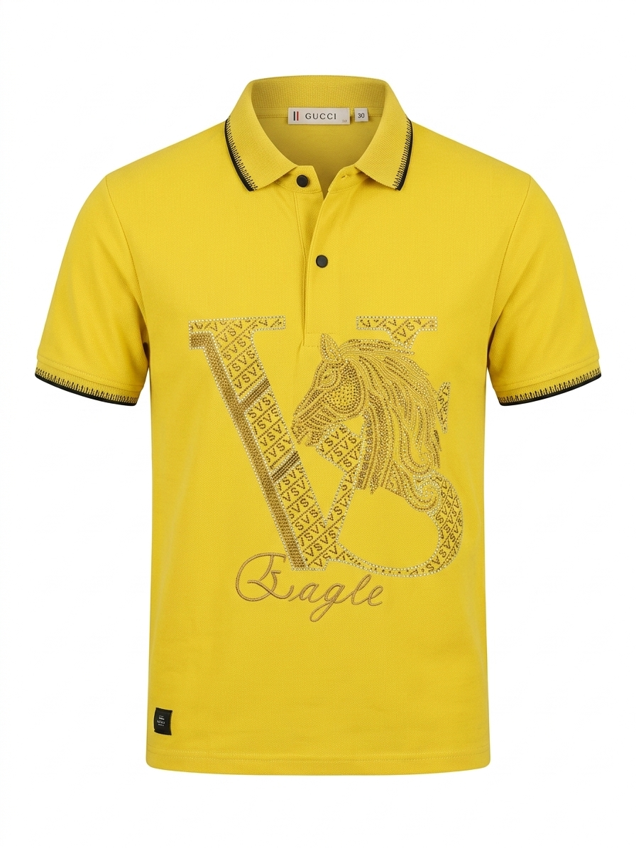 Men's Yellow Premium Cotton Polo with Rhinestone Eagle Graphic - Image 2