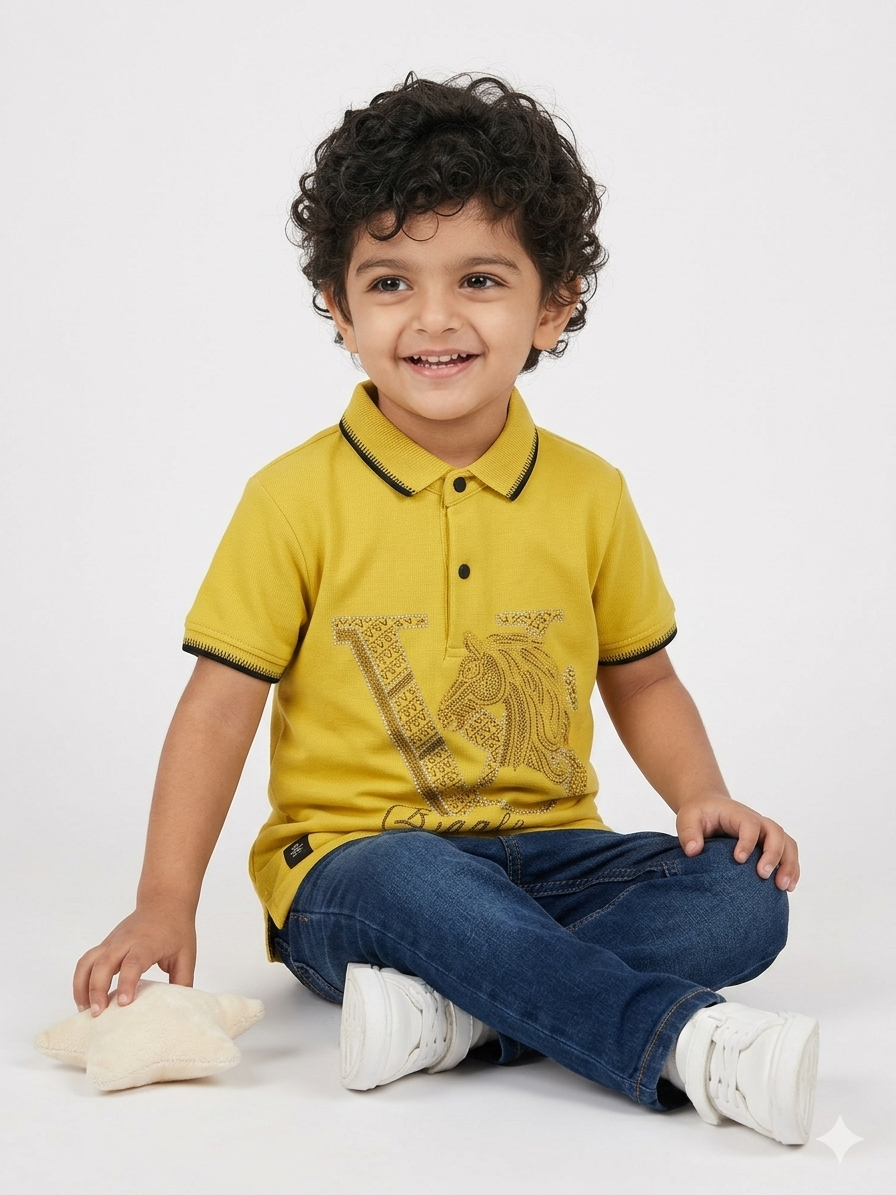 Men's Yellow Premium Cotton Polo with Rhinestone Eagle Graphic - Image 4
