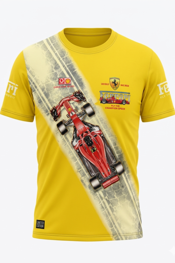 Boys' Vibrant Yellow Ferrari Racing Graphic Printed Casual T-Shirt