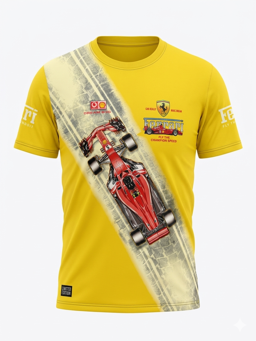 Boys' Vibrant Yellow Ferrari Racing Graphic Printed Casual T-Shirt - Image 2