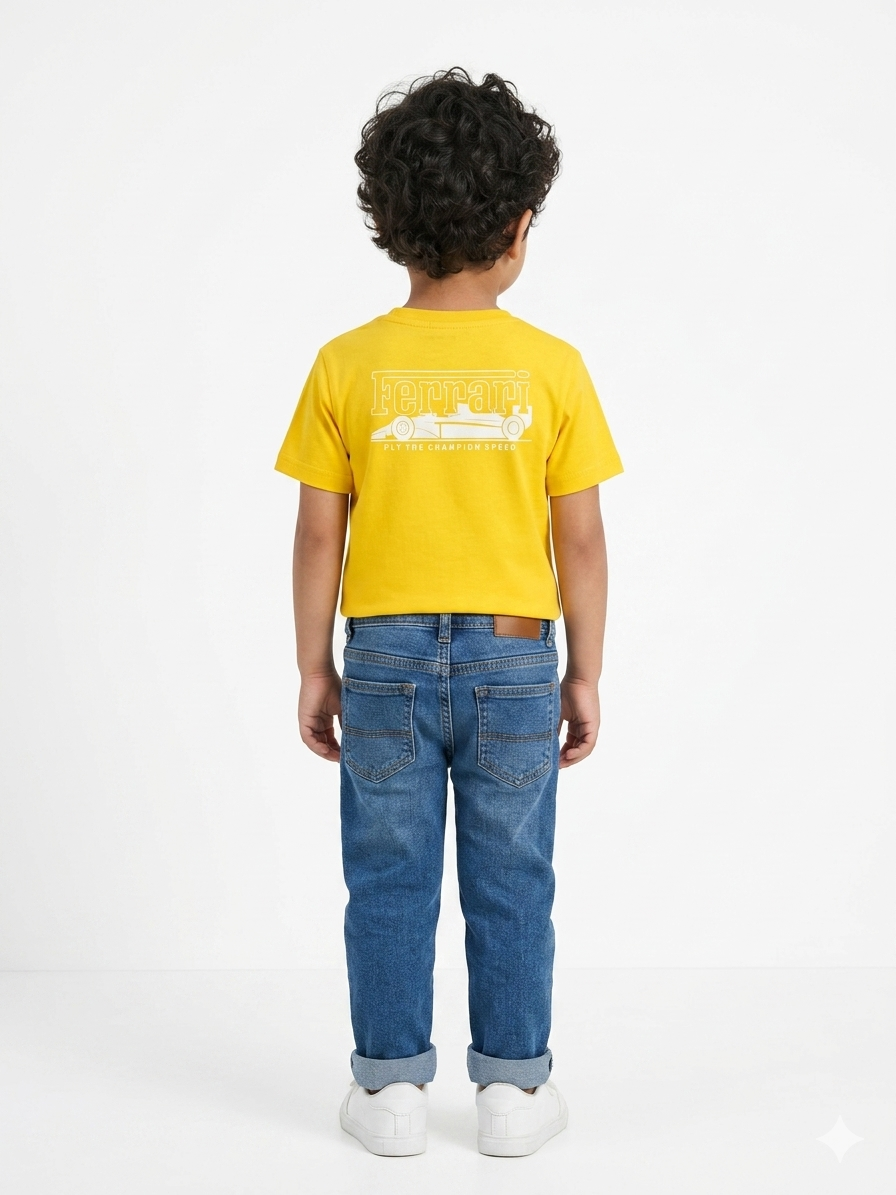 Boys' Vibrant Yellow Ferrari Racing Graphic Printed Casual T-Shirt - Image 4