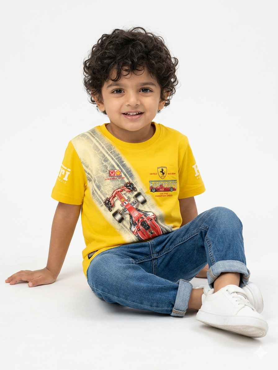 Boys' Vibrant Yellow Ferrari Racing Graphic Printed Casual T-Shirt - Image 5