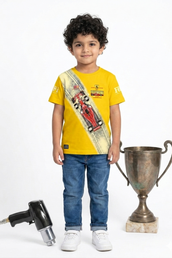 Boys' Vibrant Yellow Ferrari Racing Graphic Printed Casual T-Shirt