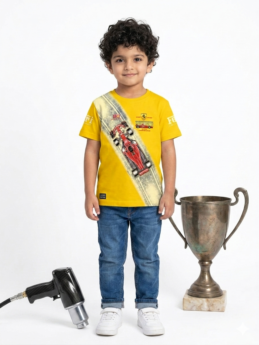Boys' Vibrant Yellow Ferrari Racing Graphic Printed Casual T-Shirt