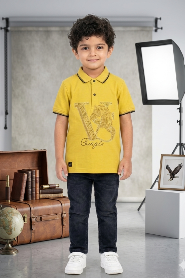 Men's Yellow Premium Cotton Polo with Rhinestone Eagle Graphic
