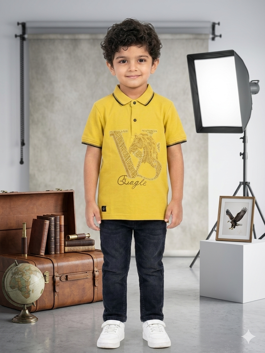Men's Yellow Premium Cotton Polo with Rhinestone Eagle Graphic