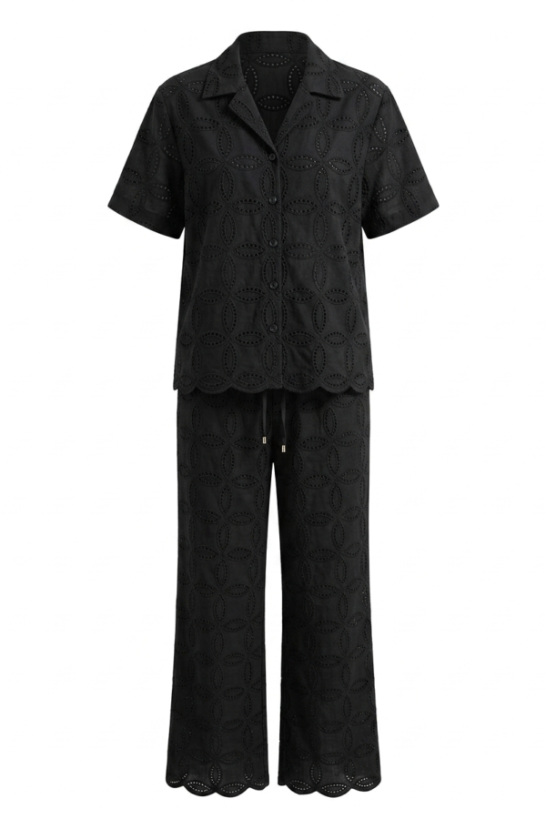 Women's Black Eyelet Embroidered Shirt and Wide-Leg Trouser Co-Ord Set