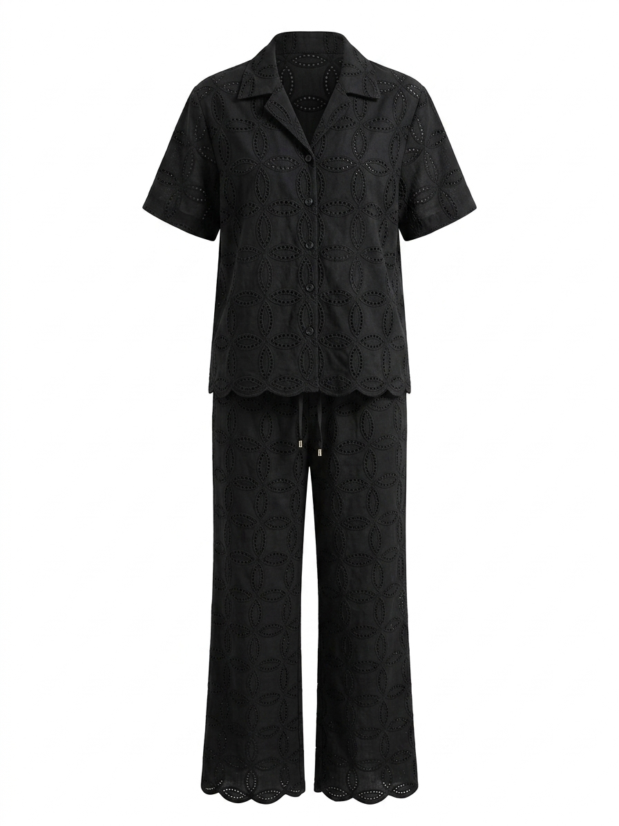 Women's Black Eyelet Embroidered Shirt and Wide-Leg Trouser Co-Ord Set