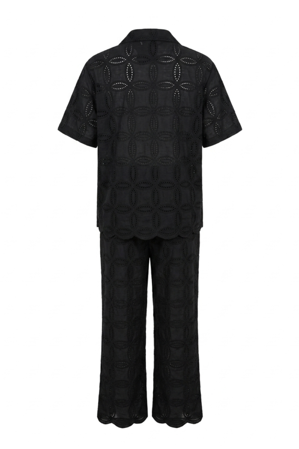 Women's Black Eyelet Embroidered Shirt and Wide-Leg Trouser Co-Ord Set