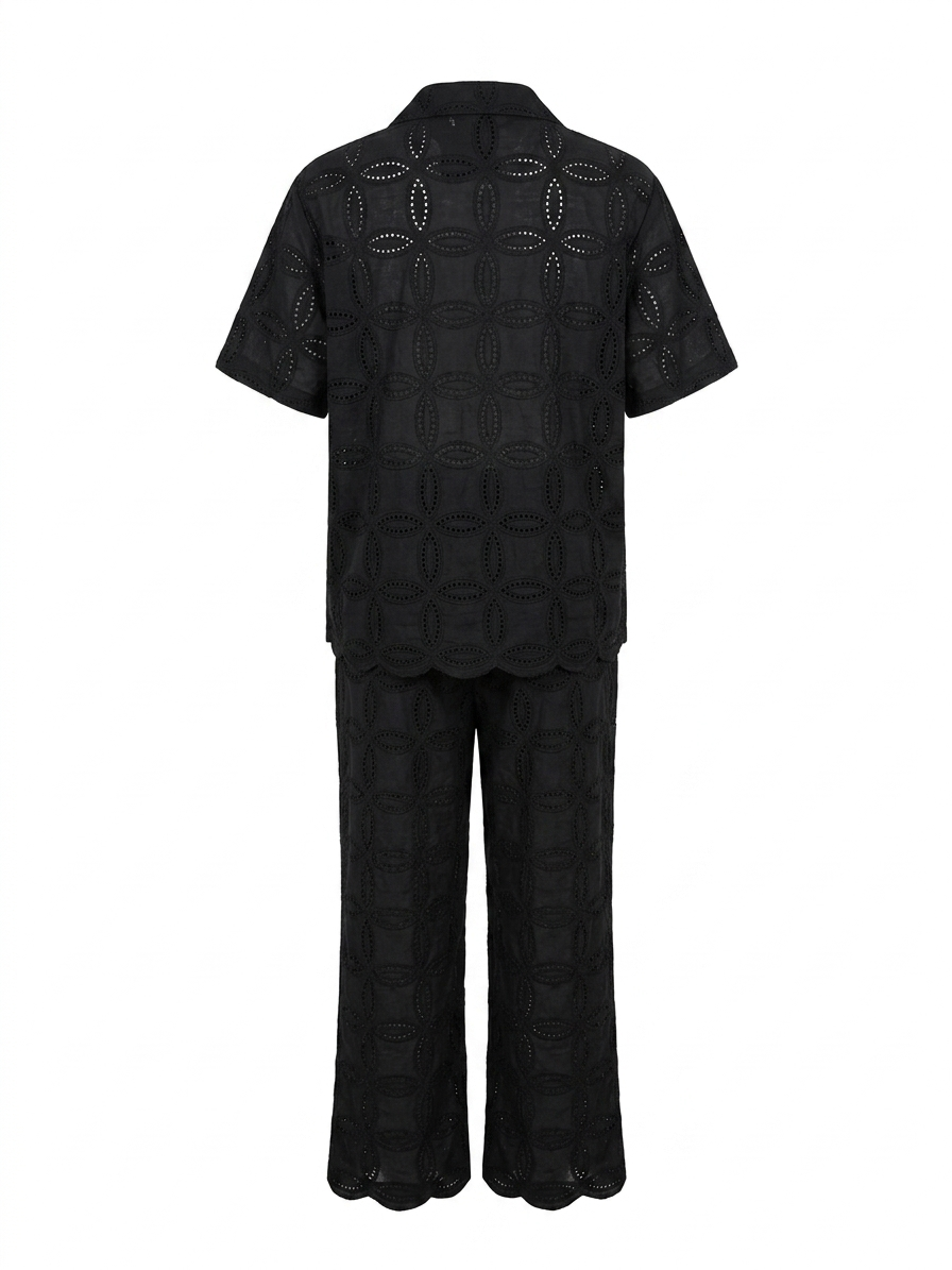 Women's Black Eyelet Embroidered Shirt and Wide-Leg Trouser Co-Ord Set - Image 2
