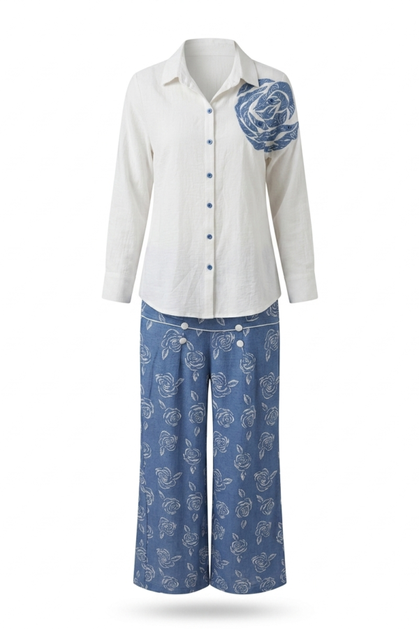 Women's White and Blue Floral Printed Shirt and Wide-Leg Trouser Co-Ord Set