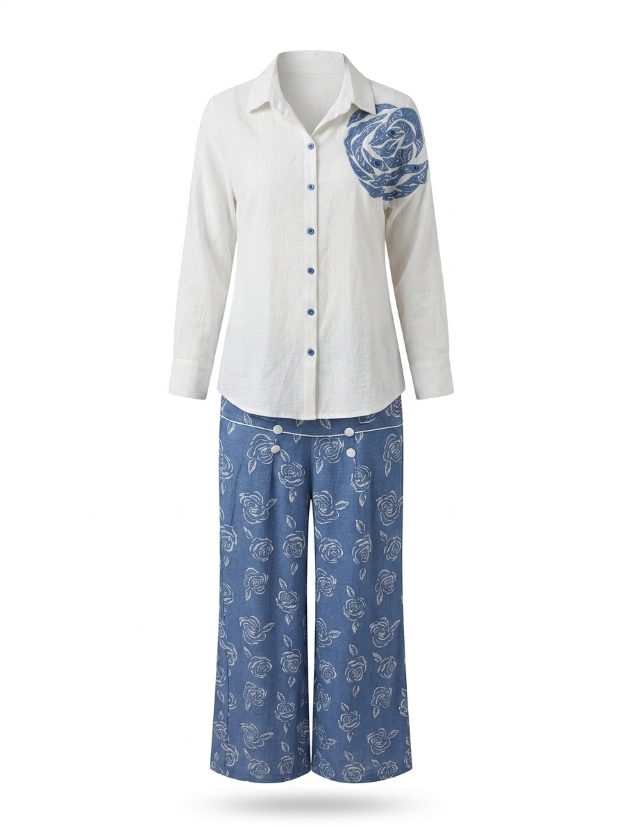 Women's White and Blue Floral Printed Shirt and Wide-Leg Trouser Co-Ord Set
